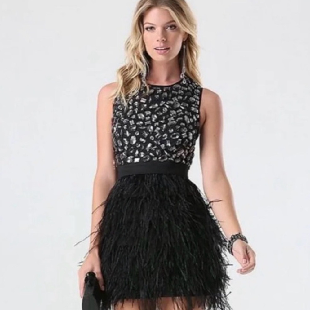 Bebe Black Feathered Dress With Rhinestones